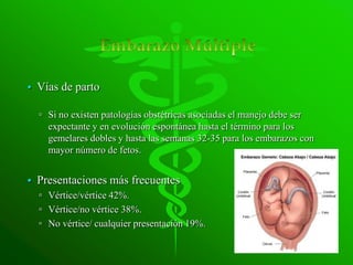 • Vías de parto

  ▫ Si no existen patologías obstétricas asociadas el manejo debe ser
    expectante y en evolución espontánea hasta el término para los
    gemelares dobles y hasta las semanas 32-35 para los embarazos con
    mayor número de fetos.


• Presentaciones más frecuentes
  ▫ Vértice/vértice 42%.
  ▫ Vértice/no vértice 38%.
  ▫ No vértice/ cualquier presentación 19%.
 