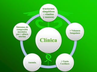 trastornos
                          simpáticos
                           : vómitos
                           y nauseas


Síntomas de
compresión
                                                  > Volumen
 mecánica
                                                  Sanguíneo
por > altura
  uterina

                         Clínica


                                       > Gasto
               Anemia.
                                       Cardiaco
 