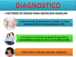 FACTORES DE RIESGO PARA GESTACION GEMELAR:
Historia familiar de gestaciones múltiples. En línea
materna (1:58) o en línea...