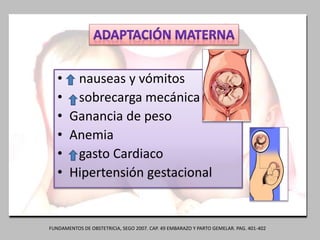 • nauseas y vómitos
• sobrecarga mecánica
• Ganancia de peso
• Anemia
• gasto Cardiaco
• Hipertensión gestacional
FUNDAMENTOS DE OBSTETRICIA, SEGO 2007. CAP. 49 EMBARAZO Y PARTO GEMELAR. PAG. 401-402
 