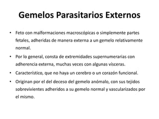 Gemelos Parasitarios Externos
• Feto con malformaciones macroscópicas o simplemente partes
fetales, adheridas de manera externa a un gemelo relativamente
normal.
• Por lo general, consta de extremidades supernumerarias con
adherencia externa, muchas veces con algunas vísceras.
• Característico, que no haya un cerebro o un corazón funcional.
• Originan por el del deceso del gemelo anómalo, con sus tejidos
sobrevivientes adheridos a su gemelo normal y vascularizados por
el mismo.
 