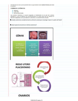¿Cuáles exámenes complementarios solicitaría usted para investigar mejor el cuadro de Paola?
●
¿Qué esperaría encontrar en dichos exámenes?
●
EMBARAZO página 24
 