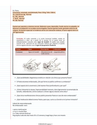 Ex. Físico.
Consciente, orientada, semihidratada, Peso: 50 kg, Talla: 158cm,
TA: 110/70 mm Hg, Normal
FC: 78x´, Normal
T° 36.8°, Normal
FR: 18x´ Normal
Examen por aparatos y sistemas normal. Abdomen suave, depresible, Fondo uterino no palpable, no
doloroso a la palpación no se palpa visceromegalias. Examen genital revela, genitales externos de
nulípara. Al examen especular se evidencia cérvix con coloración violácea, al tacto vaginal útero en
AVF ligeramente
¿Qué posibilidades diagnósticas tendría en relación a la clínica que presenta Paola?
•
Si Paola estuviese embarazada, ¿De qué forma se podría confirmar su embarazo?
•
¿Qué aspecto de la anamnesis y del examen físico profundizaría y por qué?
•
¿Cómo interpreta la náusea, hipersensibilidad mamaria, útero ligeramente incrementado de
tamaño, reblandecido y cérvix violáceo? ¿Tienen alguna relación entre ellos?
•
¿Qué otras manifestaciones clínicas podría presentar Paola en caso de estar embarazada?
•
¿Qué medicación debería tomar Paola y para que, cual es su función en el primer trimestre?
•
Lobulo de oreja embarazada
No embarazada- nariz
+ porco mentruacion
+++o+++ mucho flujo
2 a 7 dias normal mentruar
Hcg duplica cada dos dias hasta 10 a 12 semana y luego baja y hace una meseta
EMBARAZO página 3
 