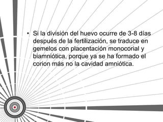 • Si la división del huevo ocurre de 3-8 días
  después de la fertilización, se traduce en
  gemelos con placentación monocorial y
  biamniótica, porque ya se ha formado el
  corion más no la cavidad amniótica.
 