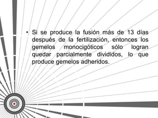 • Si se produce la fusión más de 13 días
  después de la fertilización, entonces los
  gemelos monocigóticos sólo logran
  quedar parcialmente divididos, lo que
  produce gemelos adheridos.
 