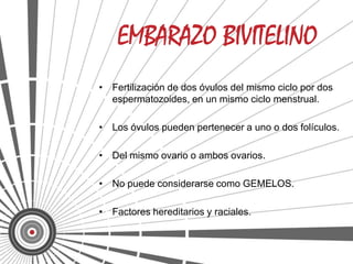 • Fertilización de dos óvulos del mismo ciclo por dos
  espermatozoides, en un mismo ciclo menstrual.

• Los óvulos pueden pertenecer a uno o dos folículos.

• Del mismo ovario o ambos ovarios.

• No puede considerarse como GEMELOS.

• Factores hereditarios y raciales.
 