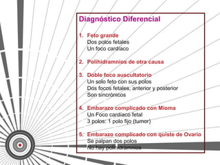 Diagnóstico Diferencial

1. Feto grande
   Dos polos fetales
   Un foco cardíaco

2. Polihidramnios de otra causa

3. Doble foco auscultatorio
   Un solo feto con sus polos
   Dos focos fetales, anterior y posterior
   Son sincrónicos

4. Embarazo complicado con Mioma
   Un Foco cardíaco fetal
   3 polos: 1 polo fijo (tumor)

5. Embarazo complicado con quiste de Ovario
   Se palpan dos polos
   No hay polihidramnios
 