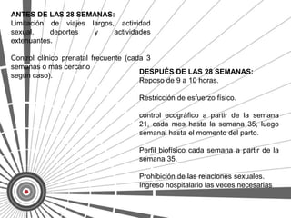 ANTES DE LAS 28 SEMANAS:
Limitación de viajes largos, actividad
sexual,    deportes   y     actividades
extenuantes.

Control clínico prenatal frecuente (cada 3
semanas o más cercano
                                       DESPUÉS DE LAS 28 SEMANAS:
según caso).
                                       Reposo de 9 a 10 horas.

                                   Restricción de esfuerzo físico.

                                   control ecográfico a partir de la semana
                                   21, cada mes hasta la semana 35, luego
                                   semanal hasta el momento del parto.

                                   Perfil biofísico cada semana a partir de la
                                   semana 35.

                                   Prohibición de las relaciones sexuales.
                                   Ingreso hospitalario las veces necesarias.
 