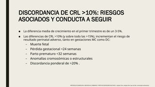 DISCORDANCIA DE CRL >10%: RIESGOS
ASOCIADOS Y CONDUCTA A SEGUIR
■ La diferencia media de crecimiento en el primer trimestre es de un 3-5%.
■ Las diferencias de CRL >10% (y sobre todo las >15%), incrementan el riesgo de
resultado perinatal adverso, tanto en gestaciones MC como DC:
– Muerte fetal
– Pérdida gestacional <24 semanas
– Parto prematuro <32 semanas
– Anomalías cromosómicas o estructurales
– Discordancia ponderal de >20% .
PROTOCOLO DE BARCELONA, ASISTENCIA AL EMBARAZO Y PARTO DE GESTACIONES MULTIPLES . Hospital Clinic, Hospital Sant Joan de Déu, Universidad de Barcelona.
 