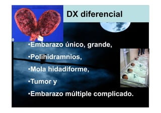 DX diferencial


•Embarazo único, grande,
•Polihidramnios,
•Mola hidadiforme,
•Tumor y
•Embarazo múltiple complicado.
 