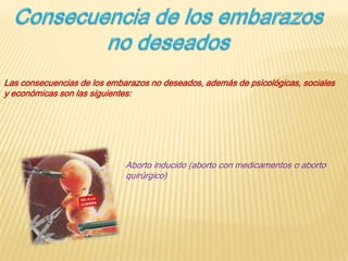 Las consecuencias de los embarazos no deseados, además de psicológicas, sociales
y económicas son las siguientes:
Aborto inducido (aborto con medicamentos o aborto
quirúrgico)
 
