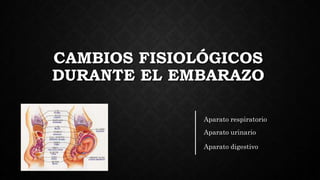 CAMBIOS FISIOLÓGICOS 
DURANTE EL EMBARAZO 
Aparato respiratorio 
Aparato urinario 
Aparato digestivo 
 