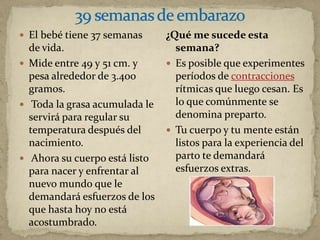  El bebé tiene 37 semanas
de vida.
 Mide entre 49 y 51 cm. y
pesa alrededor de 3.400
gramos.
 Toda la grasa acumulada le
servirá para regular su
temperatura después del
nacimiento.
 Ahora su cuerpo está listo
para nacer y enfrentar al
nuevo mundo que le
demandará esfuerzos de los
que hasta hoy no está
acostumbrado.
¿Qué me sucede esta
semana?
 Es posible que experimentes
períodos de contracciones
rítmicas que luego cesan. Es
lo que comúnmente se
denomina preparto.
 Tu cuerpo y tu mente están
listos para la experiencia del
parto te demandará
esfuerzos extras.
 