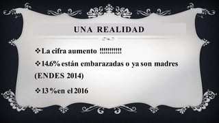 UNA REALIDAD
La cifra aumento !!!!!!!!!!!
14.6%están embarazadas o ya son madres
(ENDES 2014)
13%en el2016
 