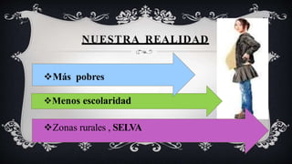 NUESTRA REALIDAD
Más pobres
Menos escolaridad
Zonas rurales , SELVA
 