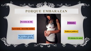 Violencia
Políticas publicas
Ingreso temprano al
En el mundo adulto El sistema de salud
Decisión de ella
Ignorancia , deserción escolar
PORQUE EMBARAZAN
 