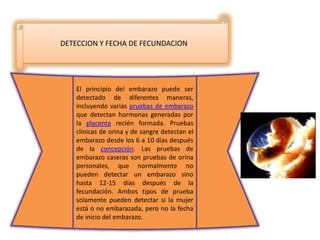 DETECCION Y FECHA DE FECUNDACION




    El principio del embarazo puede ser
    detectado de diferentes maneras,
    incluyendo varias pruebas de embarazo
    que detectan hormonas generadas por
    la placenta recién formada. Pruebas
    clínicas de orina y de sangre detectan el
    embarazo desde los 6 a 10 días después
    de la concepción. Las pruebas de
    embarazo caseras son pruebas de orina
    personales, que normalmente no
    pueden detectar un embarazo sino
    hasta 12-15 días después de la
    fecundación. Ambos tipos de prueba
    solamente pueden detectar si la mujer
    está o no embarazada, pero no la fecha
    de inicio del embarazo.
 
