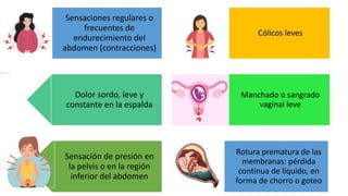 Sensaciones regulares o
frecuentes de
endurecimiento del
abdomen (contracciones)
Dolor sordo, leve y
constante en la espalda
Sensación de presión en
la pelvis o en la región
inferior del abdomen
Cólicos leves
Manchado o sangrado
vaginal leve
Rotura prematura de las
membranas: pérdida
continua de líquido, en
forma de chorro o goteo
 