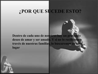 Dentro de cada uno de nosotros hay un profundo deseo de amar y ser amado. Y si no lo recibimos a través de nuestras familias, lo buscaremos en otro lugar ¿POR QUE SUCEDE ESTO? 