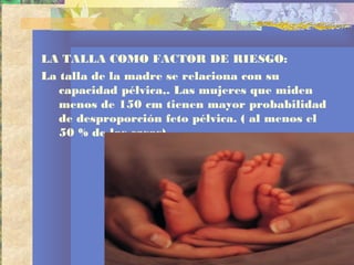 LA TALLA COMO FACTOR DE RIESGO:
La talla de la madre se relaciona con su
capacidad pélvica,. Las mujeres que miden
menos de 150 cm tienen mayor probabilidad
de desproporción feto pélvica. ( al menos el
50 % de los casos)
 