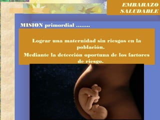MISION primordial ……..
Lograr una maternidad sin riesgos en la
población.
Mediante la detección oportuna de los factores
de riesgo.
EMBARAZO
SALUDABLE
 