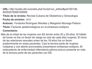 • URL: http://scielo.sld.cu/scielo.php?script=sci_arttext&pid=S0138-
600X2010000100006
• Titulo de la revista: Revista Cubana de Obstetricia y Ginecología
• Fecha de emisión: 2010
• Autores: Yordanka Rodríguez Morales y Margarita Altunaga Palacio
• Titulo: Factores epidemiológicos en el embarazo ectópico
• Comentario:
Más de la mitad de las mujeres con EE tenían entre 20 y 29 años. El hábito
de fumar no fue un factor de riesgo en seis de cada diez mujeres. El inicio
de las relaciones sexuales antes de los 18 años fue un factor
predominante en estas pacientes. Casi la tercera parte de mujeres
nulíparas y con aborto provocados presentaron embarazo ectópico. El
antecedente de enfermedad inflamatoria pélvica estuvo presente en más
de la tercera parte de las pacientes con EE.
 