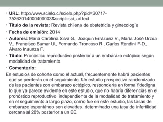 • URL: http://www.scielo.cl/scielo.php?pid=S0717-
75262014000400003&script=sci_arttext
• Titulo de la revista: Revista chilena de obstetricia y ginecología
• Fecha de emisión: 2014
• Autores: Maria Carolina Silva G., Joaquin Errázuriz V., María José Urzúa 
V., Francisco Sumar U., Fernando Troncoso R., Carlos Rondini F-D., 
Alvaro Insunza F.
• Titulo: Pronóstico reproductivo posterior a un embarazo ectópico según 
modalidad de tratamiento
• Comentario:
En estudios de cohorte como el actual, frecuentemente habrá pacientes 
que se perderán en el seguimiento. Un estudio prospectivo randomizado 
de las pacientes con embarazo ectópico, respondería en forma fidedigna 
lo que ya parece evidente en este estudio, que no habría diferencias en el 
pronóstico reproductivo, independiente de la modalidad de tratamiento y 
en el seguimiento a largo plazo, como fue en este estudio, las tasas de 
embarazo espontáneo son elevadas, determinado una tasa de infertilidad 
cercana al 20% posterior a un EE.
 