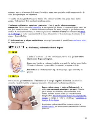 embargo, a veces, el aumento de la secreción sebácea puede traer aparejados problemas temporales de
acné. No te preocupes, son temporales.

Tu vientre está más grande. Puede que durante estas semanas te sientas rara, gorda, más o menos
guapa... Todo depende de tu cambiante estado de ánimo.

Una buena noticia es que a partir de esta semana 12 verás que las náuseas empiezan a
desaparecer. Debes cuidar tu alimentación. Se suele pensar que durante el embarazo hay que comer por
dos, pero esto no es cierto. Los abusos alimentarios también son malos, lo mejor es que hables con tu
médico. A partir de la semana 12 de embarazo puede que comiences a sentir una sensación de ardor
en el estómago, el cual a veces se extiende al fondo del esternón. Evita o disminuye el consumo de las
grasas y de comida frita.

Evita la exposición al sol por mucho tiempo, ya que podría causarte la aparición de manchas en la piel
de forma permanente.

SEMANA 13              El bebé crece y la mamá aumenta de peso

EL BEBÉ

                        A partir de la semana 13 el bebé comienza un período en el que aumentará
                        rápidamente de peso y longitud.

                        Las orejas y los ojos se están moviendo hacia su posición. Ya han aparecido los
                        27 huesos de la mano y pronto el bebé comenzará a chuparse el dedo.

                        Sus medidas: el feto tiene entre 6.5 y 7.5 cm de largo y pesa entre 14 y 21
                        gramos.

LA MAMÁ

Por fin notarás que en la semana 13 de embarazo tu cuerpo empezará a cambiar. La cintura se
ensancha y es difícil utilizar la ropa que tenías antes del embarazo, tus faldas o pantalones.

                                            Tus secreciones, como el sudor, el flujo vaginal y la
                                            saliva, son mucho más abundantes que antes. Notarás
                                            que tu sentido del olfato está más desarrollado de lo
                                            normal. Percibes más los olores y a veces te resultan
                                            desagradables. Si son olores muy fuertes pueden producirte
                                            náuseas. Es tiempo de visitar al odontólogo y vigilar más la
                                            limpieza de tus dientes

                                            Seguramente en la semana 13 de embarazo tengas la
                                            primera consulta, en la que tu médico te recetará vitaminas
                                            prenatales.




                                                                                                      13
 