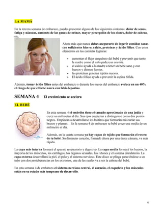 LA MAMÁ

En la tercera semana de embarazo, puedes presentar alguno de los siguientes síntomas: dolor de senos,
fatiga y náuseas, aumento de las ganas de orinar, mayor percepción de los olores, dolor de cabeza,
etc.

                                     Ahora más que nunca debes asegurarte de ingerir comidas sanas
                                     con suficientes hierro, calcio, proteínas y ácido fólico. Con estos
                                     elementos en tus comidas lograras:

                                         •   aumentar el flujo sanguíneo del bebé y prevenir que tanto
                                             la madre como el niño padezcan anemia.
                                         •   el calcio ayuda a la madre a tener un bebé sano y con
                                             huesos y dientes fuertes.
                                         •   las proteínas generan tejidos nuevos.
                                         •   El ácido fólico ayuda a prevenir la espina bífida.

Además, tomar ácido fólico antes del embarazo y durante los meses del embarazo reduce en un 40%
el riesgo de que el bebé nazca con labio leporino.

SEMANA 4              El crecimiento se acelera

EL BEBÉ

                         En esta semana 4 el embrión tiene el tamaño aproximado de una judía y
                         crece un milímetro al día. Sus ojos empiezan a distinguirse como dos puntos
                         negros. Empiezan a desarrollarse los bultitos que formarán más tarde sus
                         brazos y piernas. En la semana 4 de embarazo tu bebé crece una media de un
                         milímetro al día.

                         Además, en la cuarta semana ya hay capas de tejido que formarán el rostro
                         de tu bebé. Su diminuto corazón, formado ahora por una única cámara, va más
                         rápido.

La capa más interna formará el aparato respiratorio y digestivo. La capa media formará los huesos, la
mayoría de los músculos, los cartílagos, los órganos sexuales, los riñones y el sistema circulatorio. La
capa externa desarrollará la piel, el pelo y el sistema nervioso. Este disco se pliega pareciéndose a un
tubo con dos protuberancias en los extremos, una de las cuales va a ser la cabeza del bebé.

En esta semana 4 de embarazo el sistema nervioso central, el corazón, el esqueleto y los músculos
están en su estado más temprano de desarrollo.




                                                                                                           4
 