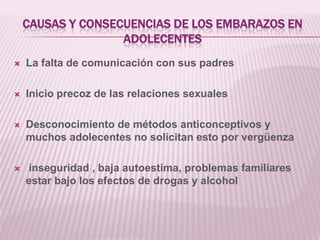 CAUSAS Y CONSECUENCIAS DE LOS EMBARAZOS EN
ADOLECENTES


La falta de comunicación con sus padres



Inicio precoz de las relaciones sexuales



Desconocimiento de métodos anticonceptivos y
muchos adolecentes no solicitan esto por vergüenza



inseguridad , baja autoestima, problemas familiares
estar bajo los efectos de drogas y alcohol

 