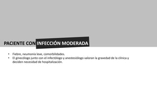 PACIENTE CON INFECCIÓN MODERADA
• Fiebre, neumonía leve, comorbilidades.
• El ginecólogo junto con el infectólogo y anestesiólogo valoran la gravedad de la clínica y
deciden necesidad de hospitalización.
 
