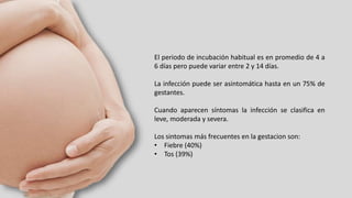 El periodo de incubación habitual es en promedio de 4 a
6 días pero puede variar entre 2 y 14 días.
La infección puede ser asintomática hasta en un 75% de
gestantes.
Cuando aparecen síntomas la infección se clasifica en
leve, moderada y severa.
Los sintomas más frecuentes en la gestacion son:
• Fiebre (40%)
• Tos (39%)
 
