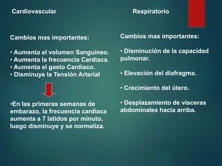 Cardiovascular Respiratorio
Cambios mas importantes:
• Aumenta el volumen Sanguíneo.
• Aumenta la frecuencia Cardiaca.
• Aumenta el gasto Cardiaco.
• Disminuye la Tensión Arterial
•En las primeras semanas de
embarazo, la frecuencia cardiaca
aumenta a 7 latidos por minuto,
luego disminuye y se normaliza.
Cambios mas importantes:
• Disminución de la capacidad
pulmonar.
• Elevación del diafragma.
• Crecimiento del útero.
• Desplazamiento de vísceras
abdominales hacia arriba.
 