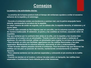 Consejos
La postura y las actividades diarias:
La practica de la buena postura todo el tiempo del embarazo ayudara a evitar el excesivo
esfuerzo de la espalda y el estomago.
• Durante el embarazo existe una tendencia a caminar mal, con la pelvis empujada hacia
delante, acentuando la curvatura de la espalda.
La mejor manera de andar es erguida, con la cabeza alta, la espalda derecha, el abdomen y el
pecho altos.
• Cuando esta cansada es fácil dejarse caer en una silla, con la columna curvada y sujetada
de manera inadecuada. El abdomen, el pecho y las costillas se inclinan, causando dolor de
espaldas.
Hay que sentarse por lo contrario bien atrás en la silla, con la espalda y los muslos bien
apoyados en el suelo o en un almohadón. Tirando la pelvis hacia abajo y metiendo el
abdomen. En una silla normal, utilizar un almohadón para sujetar la curvatura de la espalda.
• Para levantar un niño con facilidad, agacharse con las rodillas flexionadas y los pies
separados. Manteniendo la columna derecha, acercando al niño y enderezándose.
• Evitar levantar objetos pesados durante el embarazo. Para levantarlo hay que flexionar las
rodillas con los pies en posición de marcha, manteniendo constantemente la espalda
derecha.
• Para calzarse sentarse con las piernas separadas y colocando el pie encima de la rodilla
opuesta.
• Cuando se sientan en el inodoro, colocar los pies sobre un banquito, las rodillas bien
separadas o inclinándose hacia delante para evitar tensiones.
 