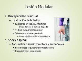 Lesión Medular
• Discapacidad residual
– Localización de la lesión
• S2 alteración vesical, intestinal
– Dolor durante el ...