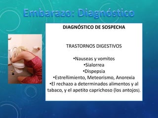 DIAGNÓSTICO DE SOSPECHA
TRASTORNOS DIGESTIVOS
•Nauseas y vomitos
•Sialorrea
•Dispepsia
•Estreñimiento, Meteorismo, Anorexia
•El rechazo a determinados alimentos y al
tabaco, y el apetito caprichoso (los antojos).
 