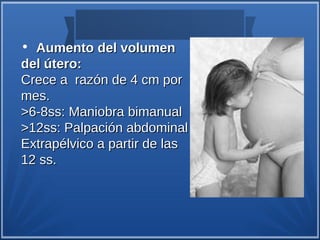 • Aumento del volumen
del útero:
Crece a razón de 4 cm por
mes.
>6-8ss: Maniobra bimanual
>12ss: Palpación abdominal
Extrapélvico a partir de las
12 ss.
 