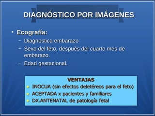 DIAGNÓSTICO POR IMÁGENES

●
    Ecografía:
    –   Diagnostica embarazo
    –   Sexo del feto, después del cuarto mes de
        embarazo.
    –   Edad gestacional.
 