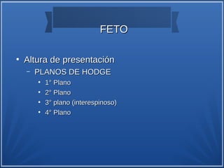 FETO

●
    Altura de presentación
    –   PLANOS DE HODGE
        ●
            1° Plano
        ●
            2° Plano
        ●
            3° plano (interespinoso)
        ●
            4° Plano
 