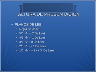 ALTURA DE PRESENTACION

–   PLANOS DE LEE:
    ●
        Regla de los 5/5
    ●
        5/5  (- 2 De Lee)
    ●
        4/5  (- 1 De Lee)
    ●
        3/5  ( 0 De Lee)
    ●
        2/5  (+ 1 De Lee)
    ●
        1/5  ( + 2 / + 3 De Lee)
 