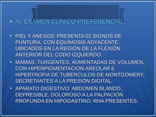 ●
    AL EXAMEN CLÍNICO PREFERENCIAL:

●
    PIEL Y ANEXOS: PRESENTA 02 SIGNOS DE
    PUNTURA, CON EQUÍMOSIS ADYACENTE,
    UBICADOS EN LA REGIÓN DE LA FLEXIÓN
    ANTERIOR DEL CODO IZQUIERDO.
●
    MAMAS: TURGENTES, AUMENTADAS DE VOLUMEN,
    CON HIPERPIGMENTACIÓN AREOLAR E
    HIPERTROFIA DE TUBÉRCULOS DE MONTGOMERY,
    SECRETANTES A LA PRESIÓN DIGITAL.
●
    APARATO DIGESTIVO: ABDOMEN BLANDO,
    DEPRESIBLE, DOLOROSO A LA PALPACIÓN
    PROFUNDA EN HIPOGASTRIO, RHA PRESENTES.
 