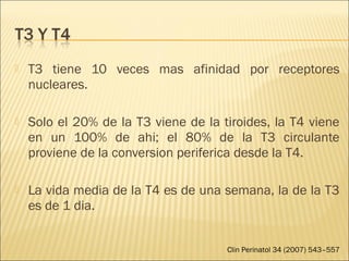  T3 tiene 10 veces mas afinidad por receptores
nucleares.
 Solo el 20% de la T3 viene de la tiroides, la T4 viene
en un 100% de ahi; el 80% de la T3 circulante
proviene de la conversion periferica desde la T4.
 La vida media de la T4 es de una semana, la de la T3
es de 1 dia.
Clin Perinatol 34 (2007) 543–557
 