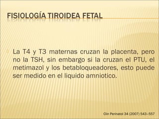 La T4 y T3 maternas cruzan la placenta, pero
no la TSH, sin embargo si la cruzan el PTU, el
metimazol y los betabloqueadores, esto puede
ser medido en el liquido amniotico.
Clin Perinatol 34 (2007) 543–557
 