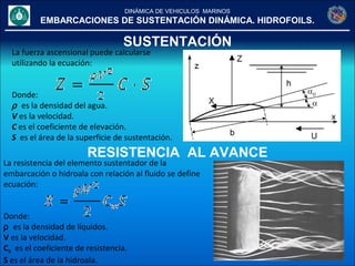 DINÁMICA DE VEHICULOS MARINOS
EMBARCACIONES DE SUSTENTACIÓN DINÁMICA. HIDROFOILS.
SUSTENTACIÓN
La fuerza ascensional puede calcularse
utilizando la ecuación:
Donde:
ρ es la densidad del agua.
V es la velocidad.
C es el coeficiente de elevación.
S es el área de la superficie de sustentación.
RESISTENCIA AL AVANCE
La resistencia del elemento sustentador de la
embarcación o hidroala con relación al fluido se define
ecuación:
Donde:
ρ es la densidad de líquidos.
V es la velocidad.
CX es el coeficiente de resistencia.
S es el área de la hidroala.
 
