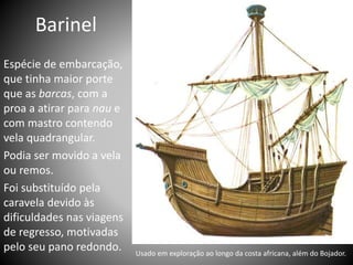 Barinel
Espécie de embarcação,
que tinha maior porte
que as barcas, com a
proa a atirar para nau e
com mastro contendo
vela quadrangular.
Podia ser movido a vela
ou remos.
Foi substituído pela
caravela devido às
dificuldades nas viagens
de regresso, motivadas
pelo seu pano redondo. Usado em exploração ao longo da costa africana, além do Bojador.
 