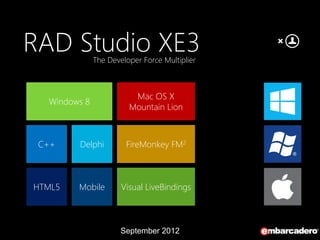 RAD Studio XE3The Developer Force Multiplier



                         Mac OS X
  Windows 8
                        Mountain Lion



 C++    Delphi         FireMonkey FM2



HTML5   Mobile        Visual LiveBindings



                      September 2012
 