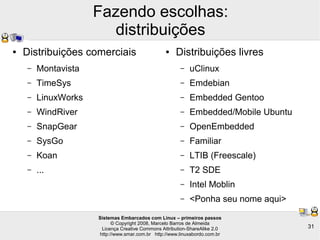 Sistemas Embarcados com Linux – primeiros passos
© Copyright 2008, Marcelo Barros de Almeida
Licença Creative Commons Attribution-ShareAlike 2.0
http://www.smar.com.br http://www.linuxabordo.com.br
31
Fazendo escolhas:
distribuições
● Distribuições comerciais
– Montavista
– TimeSys
– LinuxWorks
– WindRiver
– SnapGear
– SysGo
– Koan
– ...
● Distribuições livres
– uClinux
– Emdebian
– Embedded Gentoo
– Embedded/Mobile Ubuntu
– OpenEmbedded
– Familiar
– LTIB (Freescale)
– T2 SDE
– Intel Moblin
– <Ponha seu nome aqui>
 
