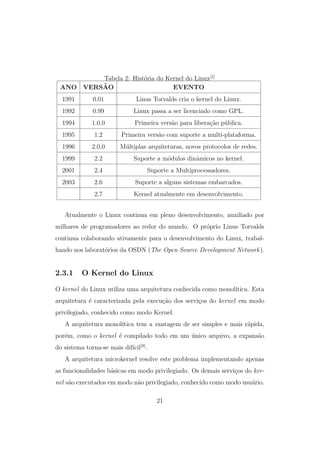 Tabela 2: Hist´oria do Kernel do Linux[1]
ANO VERS˜AO EVENTO
1991 0.01 Linus Torvalds cria o kernel do Linux.
1992 0.99 Linux passa a ser licenciado como GPL.
1994 1.0.0 Primeira vers˜ao para libera¸c˜ao p´ublica.
1995 1.2 Primeira vers˜ao com suporte a multi-plataforma.
1996 2.0.0 M´ultiplas arquiteturas, novos protocolos de redes.
1999 2.2 Suporte a m´odulos dinˆamicos no kernel.
2001 2.4 Suporte a Multiprocessadores.
2003 2.6 Suporte a alguns sistemas embarcados.
2.7 Kernel atualmente em desenvolvimento.
Atualmente o Linux continua em pleno desenvolvimento, auxiliado por
milhares de programadores ao redor do mundo. O pr´oprio Linus Torvalds
continua colaborando ativamente para o desenvolvimento do Linux, trabal-
hando nos laborat´orios da OSDN (The Open Source Development Network).
2.3.1 O Kernel do Linux
O kernel do Linux utiliza uma arquitetura conhecida como monol´ıtica. Esta
arquitetura ´e caracterizada pela execu¸c˜ao dos servi¸cos do kernel em modo
privilegiado, conhecido como modo Kernel.
A arquitetura monol´ıtica tem a vantagem de ser simples e mais r´apida,
por´em, como o kernel ´e compilado todo em um ´unico arquivo, a expans˜ao
do sistema torna-se mais dif´ıcil[9]
.
A arquitetura microkernel resolve este problema implementando apenas
as funcionalidades b´asicas em modo privilegiado. Os demais servi¸cos do ker-
nel s˜ao executados em modo n˜ao privilegiado, conhecido como modo usu´ario.
21
 