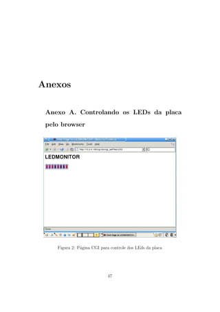 Anexos
Anexo A. Controlando os LEDs da placa
pelo browser
Figura 2: P´agina CGI para controle dos LEds da placa
47
 