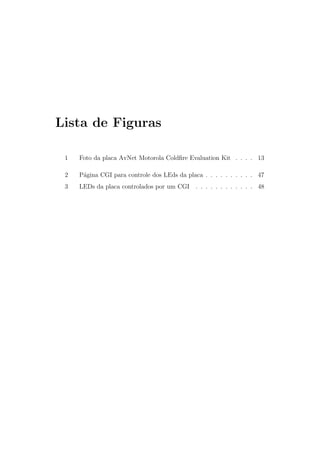 Lista de Figuras
1 Foto da placa AvNet Motorola Coldﬁre Evaluation Kit . . . . 13
2 P´agina CGI para controle dos LEds da placa . . . . . . . . . . 47
3 LEDs da placa controlados por um CGI . . . . . . . . . . . . 48
 
